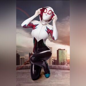 Latex cosplay SpiderGwen catsuit and hood